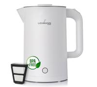 LEHMANN Bouilloire Électrique en Acier Inoxydable - 1,7 L - 2200W - Ebullition Rapide - Double Paroi - Base à 360° - Arrêt Automatique et protection contre la surchauffe - sans BPA - Blanche