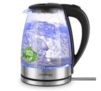 LEHMANN Bouilloire Électrique Verre - 2200W - 2L - Chauffage Rapide - Base 360° - Éclairage LED - Arrêt Automatique - Protection Contre la Surchauffe - Bouilloire sans BPA - Transparente