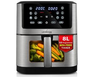 Lehmann Friteuse à air chaud XXL 8 litres, 1800 W avec réglage de la température jusqu'à 200°C, Air Fryer avec 10 programmes, minuterie, manger sainement sans huile, cuire, rôtir, sécher