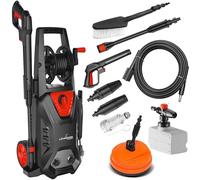 LEHMANN Hudson Nettoyeur Haute Pression avec Pompe en Aluminium, Max. 220 Bar, 1800 W, Débit 450 l/h, Rayon d'action 10 m, Kit d'accessoires - Brosse Terrasse & Jantes, Canon à Mousse, Noir/Rouge