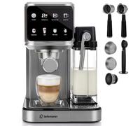 LEHMANN Machine à Café pour Café Moulu et Capsules avec Mousseur à Lait | Acier inoxydable, Auto-nettoyage, Programmes pour Espresso, Cappuccino, Latte, Réservoirs 1 L Lait & 1,2 L Eau, 1350 W