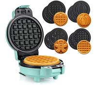 LEHMANN Mini Gaufrier avec Plaques Interchangeables, 4 Rond Formes : Cœur, Classique, Citrouille, Pain d’Épices, Revêtement Antiadhésif sans BPA, Petit Appareil à Gaufres pour Fêtes, Menthe