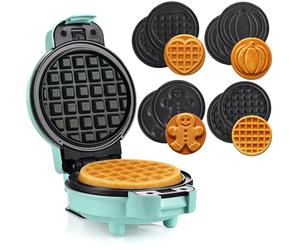 LEHMANN Mini Gaufrier avec Plaques Interchangeables, 4 Rond Formes : Cœur, Classique, Citrouille, Pain d’Épices, Revêtement Antiadhésif sans BPA, Petit Appareil à Gaufres pour Fêtes, Menthe