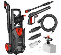 LEHMANN Nettoyeur Haute Pression, Max. 220 Bar, Débit de 450 l/h, Puissance 1800 W, Pompe en Aluminium, Rayon d'action 10 m, Enrouleur de Tuyau, Lance à Mousse, Buse Réglable et Turbo, Noir/Rouge