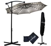 LEHMANN Parasol avec éclairage LED, protection en V, étanche, 32 LED, alimentation solaire, housse de protection incluse