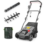 LEHMANN Scarificateur Électrique 2-en-1, 1800 W, Largeur de Travail 38 cm, Réglage de Profondeur sur 5 Niveaux, 3500 TR/Min, Bac 48 L, Rouleaux à 20 Lames et d’Aération, Gris