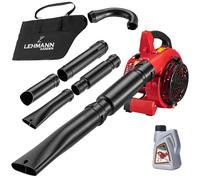 Lehmann Souffleur de Feuilles Thermique 4en, Aspirateur à Feuilles avec Fonction Broyage & Sac de 50L, 2 Temps, Vitesse 97 m/s, Harnais, 2 Tubes & 0,5L Huile Spéciale