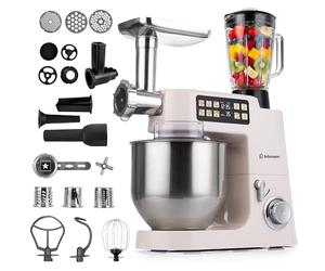LEHMANN Teyles Robot Pâtissier Professionnel Multifonction 2100W 8L avec Balance Intégrée et Bol Chauffant, Pétrin à Pain et Pizza, Blender Verre 1,5L, Hachoir à Viande, Beige