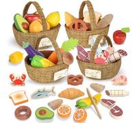 Lehoo Castle Accessoire Cuisine Enfant, Jouet de Cuisine en Bois, Accessoires Cuisine Enfant avec Panier en Tissu, Jouet Alimentaire, Jouet Montessori 3 4 5 6 7 Ans