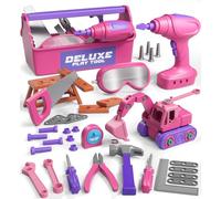 Lehoo Castle Boite Outils Enfant, Etabli avec Perceuse Électrique, Visseuse, Metre Ruban, Démonter et Assembler Voiture, Caisse a Outil Cadeau Montessori Jouets pour Enfant 3 Ans+ (Rose)