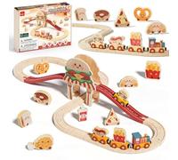 Lehoo Castle Circuit Train Bois, Train Enfant, Hamburger Train en Bois avec Pizza, Burger, Frites & Accessoires, Jouet Enfant 3 Ans Fille Garçon