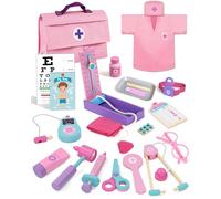 Lehoo Castle Ensemble de médecin rose pour enfants de 3 à 5 ans, kit médical en bois, jeu de simulation avec stéthoscope, cadeau pour les tout-petits âgés de 3, 4, 5, 6 ans