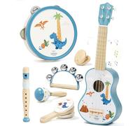 Lehoo Castle Guitare Enfant 2 3 Ans avec Instruments de Musique, Ukulélé en Bois avec Tambourin, Flûte, Maracas et Hochet, Montessori Jouet Musical Educatif Jeux
