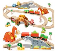 Lehoo Castle Train Dinosaure en Bois pour Enfants, Grand Circuit de Train en Bois avec Dinosaures, Tunnel Volcan, Locomotive Magnétique, Cadeau de Noël, Jouet pour Enfants 3 4 5 6 Ans