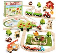 Lehoo Castle Train en Bois, Circuit Train Bois Compatible avec Thomas, Brio et Hape, Ferme Enfant, Jouet de Train pour Garçons et Filles