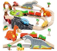 Lehoo Castle Train en Bois Dinosaure, Circuit Train Bois Enfant, Train Magnétique, Compatible avec Brio, Thomas, Jouet pour Enfants 3+ Ans