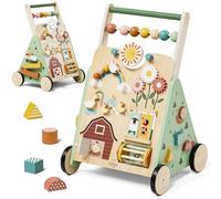 Lehoo Castle Trotteur Bebe, Chariot de Marche Bebe en Bois, Réglable Baby Walker Garçon Fille avec Busy Board Montessori âge 1 An, Jouet Montessori Enfant 12 Mois+