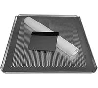 LEHRMANN Kit de pâtisserie 3 pièces Plaque de cuisson 44,5 x 37,5 cm perforée Tapis en silicone Grattoir à pâte en acier inoxydable pour la cuisson des pizzas à la maison