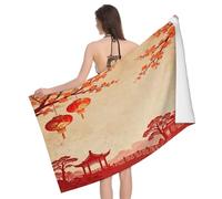 Leichong Serviette de Plage Lanterne Rouge Chinoise, 3D Éléments du Festival Serviette de Bain Microfibre, Drap de Plage Séchage Rapide e Anti Sable pour Piscine Voyage Couverture, 75x150 cm