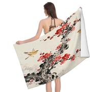 Leichong Serviette de Plage Oiseau Fleur de Prunier, 3D Encre Prunier Serviette de Bain Microfibre, Drap de Plage Séchage Rapide e Anti Sable pour Piscine Voyage Couverture, 80x160 cm