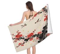 Leichong Serviette de Plage Oiseau Fleur de Prunier, 3D Peinture à L'Encre Serviette de Bain Microfibre, Drap de Plage Séchage Rapide e Anti Sable pour Piscine Voyage Couverture, 80x160 cm