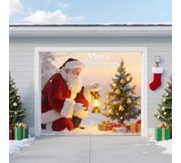 LEIDIMUS 2,4 x 2,1 m - Bannière de porte de garage de Noël - Décoration de Noël d'extérieur avec Père Noël, sapin et cadeaux - Grande couverture imperméable réutilisable pour la maison, le jardin, la