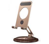LEIDIMUS Support de téléphone portable en aluminium - Entièrement réglable - Pliable - Avec base en bois - Avec tous les téléphones portables de 4 à 12" - Doré