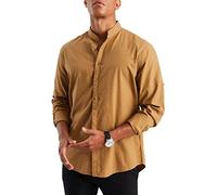 Leif Nelson Chemise en lin pour homme avec col montant, mélange de lin et de coton, loisirs et affaires, retroussée à manches courtes grâce au bouton cousu, camel, S