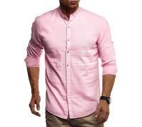 Leif Nelson Chemise en lin pour homme avec col montant, mélange de lin et de coton, loisirs et affaires, retroussée à manches courtes grâce au bouton cousu, Rose, S