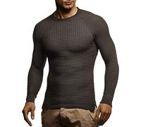 Leif Nelson LN20746 Pull en tricot à col rond moderne à manches longues en maille fine, coupe ajusté slim, Kaki/noir, XXL