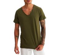 Leif Nelson LN6280 T-shirt d'été pour homme, col en V, coupe ajustée, moderne, en coton, manches courtes, long, kaki, M