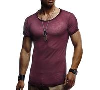 Leif Nelson LN6281 T-shirt d'été pour hommes col rond coupe ajustée coton mélangé moderne t-shirt à col rond sweat à capuche manches courtes long, bordeaux, S