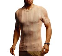 Leif Nelson LN7455 T-shirt d'été à col rond et coupe ajustée en maille fine Blanc et noir - Marron - Large