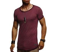 Leif Nelson LN8209 T-shirt d'été, à col rond, pour homme, moderne, coupe slim, en coton, manches courtes, longue, bordeaux, XXL