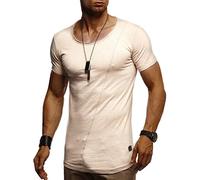 Leif Nelson LN8209 T-shirt d'été, à col rond, pour homme, moderne, coupe slim, en coton, manches courtes, longue, beige, XXL