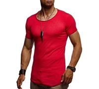 Leif Nelson LN8209 T-shirt d'été, à col rond, pour homme, moderne, coupe slim, en coton, manches courtes, longue, rouge, M
