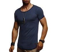 Leif Nelson LN8209 T-shirt d'été, à col rond, pour homme, moderne, coupe slim, en coton, manches courtes, longue, bleu foncé, XL