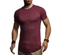 Leif Nelson LN8331 T-shirt d'été long à col rond pour homme, coupe ajustée en maille fine basique à manches courtes, blanc et noir, rouge bordeaux, XL