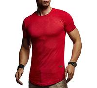 Leif Nelson LN8331 T-shirt d'été long à col rond pour homme, coupe ajustée en maille fine basique à manches courtes, blanc et noir, rouge, XXL