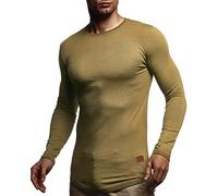 Leif Nelson - LN8394 - T-shirt basique à manches longues - À col rond - Pour homme, kaki, XL