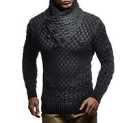 Leif Nelson Pull en maille pour hommes | Haut à manches longues coupe cintrée | Pull basique avec col châle et cuir synthétique, Noir/gris anthracite, Taille S