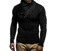 Leif Nelson Pull en maille pour hommes | Haut à manches longues coupe cintrée | Pull basique avec col châle et cuir synthétique, noir, Taille M