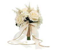 LEIFENY Plante Artificielle, 1 Bouquet de Rose Blanche Champagne, 21,8 x 25,9 x 21,8 cm, Bouquets de Mariage pour mariée, Bouquets de Demoiselle d'honneur avec Ruban de Soie, décoration