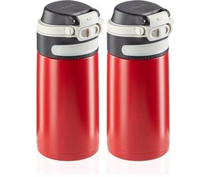 Leifheit Flip Bouteille isotherme (350 ml) avec bouchon à vis, mug voyage avec fermeture 100% anti-fuite, mug étanche avec ouverture à une main, rouge (Lot de 2)