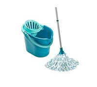 Leifheit Set Classic Mop, Balai à Franges avec seau Essoreur, Seau 12 L | Lave-sol à franges en viscose très absorbantes, tête lavable à 60 °C, manche acier 120 cm, support essoreur pratique