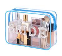 LEIFIDE Trousse de maquillage transparente pour mariée - Cadeau pour mariée - Trousse de toilette pour enterrement de vie de jeune fille - Pochette de voyage en PVC avec lettre en strass - Sac de