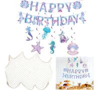 LEIIERUY Décoration Anniversaire Sirène, Thème Marin, Kit Complet avec Filet de Pêche, Bannière Joyeux Anniversaire, Guirlande Sirène, Idéal pour Fête d'anniversaire Enfant