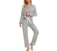 Leikar Ensemble de Pyjama boutonné pour Femmes, Chemise à Manches Longues et Pantalon de Pyjama Doux, Gris, Taille M