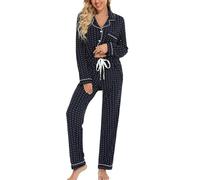 Leikar Ensemble de Pyjama boutonné pour Femmes, Chemise à Manches Longues et Pantalon de Pyjama Doux, Bleu Marine à Pois Blancs, Taille S