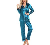 Leikar Ensemble de pyjama en soie à manches longues pour femme, pyjama doux à boutons, bleu paon